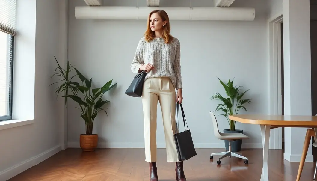 Woman wearing a blend of classic and modern office attire.