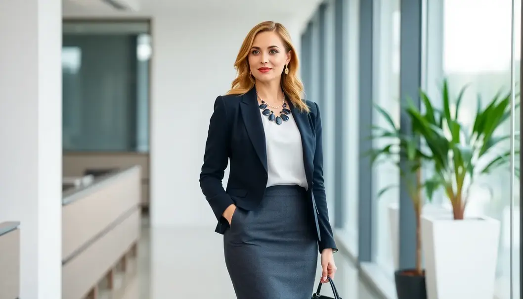 Woman wearing a blend of classic and modern office attire.
