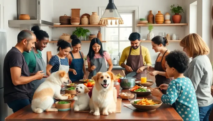 A diverse group of people and their pets sharing a meal in a community kitchen.