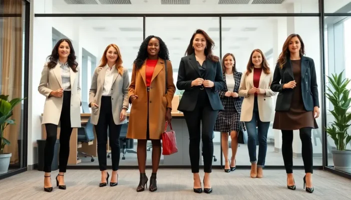 Group of women in an office wearing different styles of professional attire showcasing diversity in office fashion.