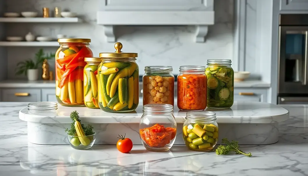 Luxurious kitchen adorned with jars of vibrant fermented delicacies.