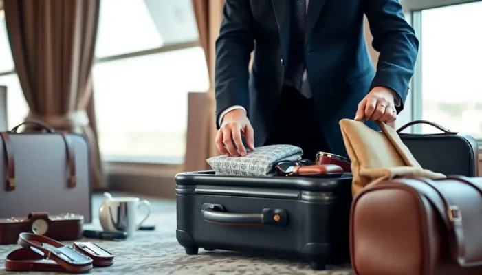 A traveler in an elegant setting, packing a suitcase with sophisticated accessories.