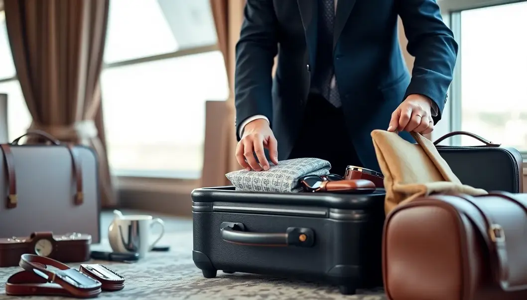 A traveler in an elegant setting, packing a suitcase with sophisticated accessories.