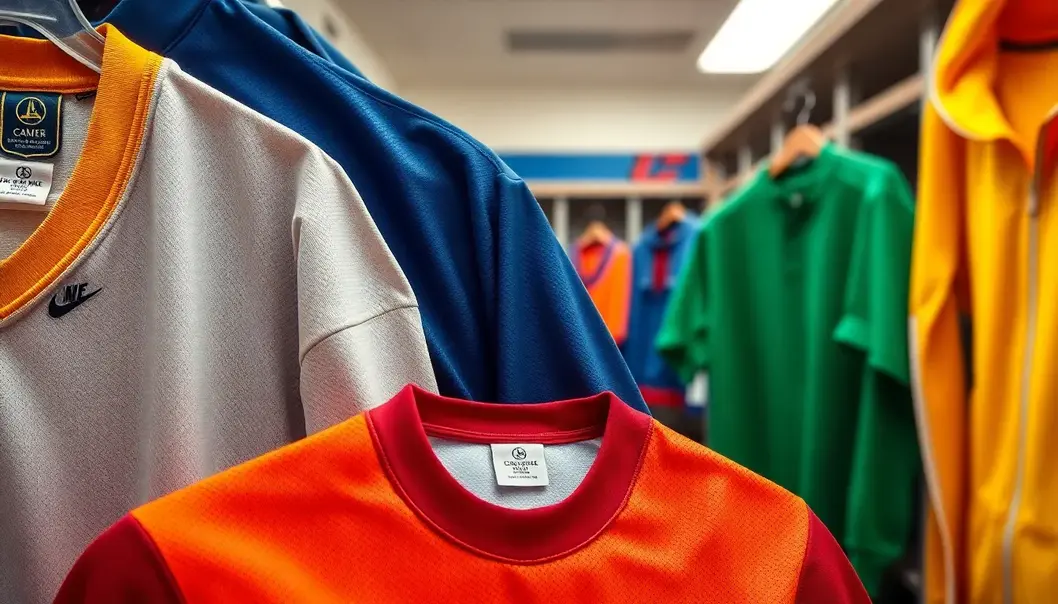 Different fabric types with care labels in a sports setting.