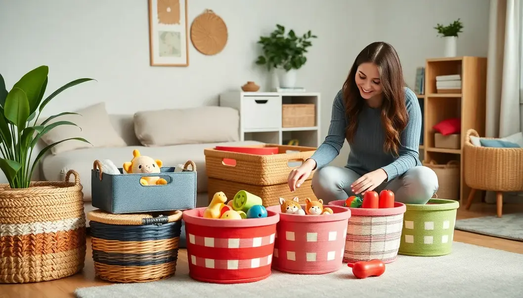Floor-level toy storage solutions using stylish baskets and bins.