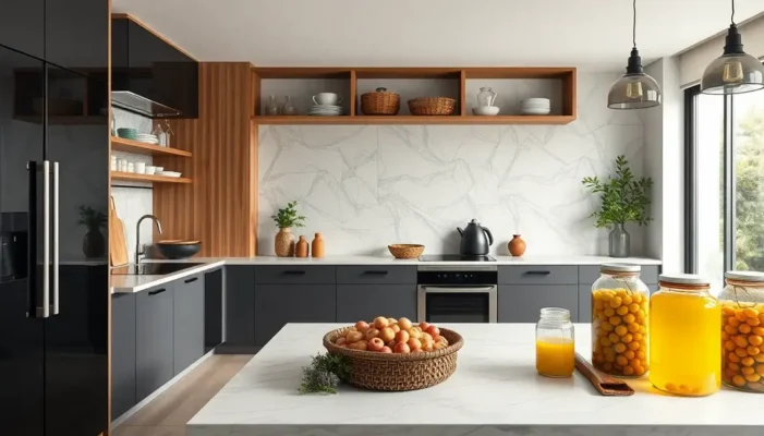 A luxury kitchen featuring fermentation tools, jars, and ingredients in a sleek setting.
