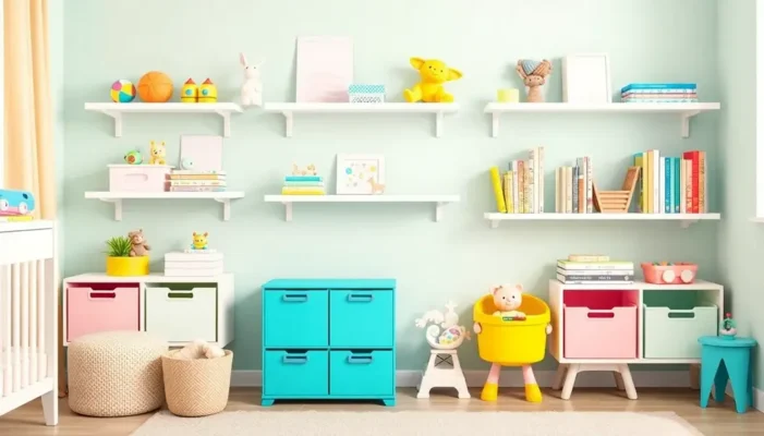 A neat and stylish nursery with pastel bins and wall shelves for organized toy storage.