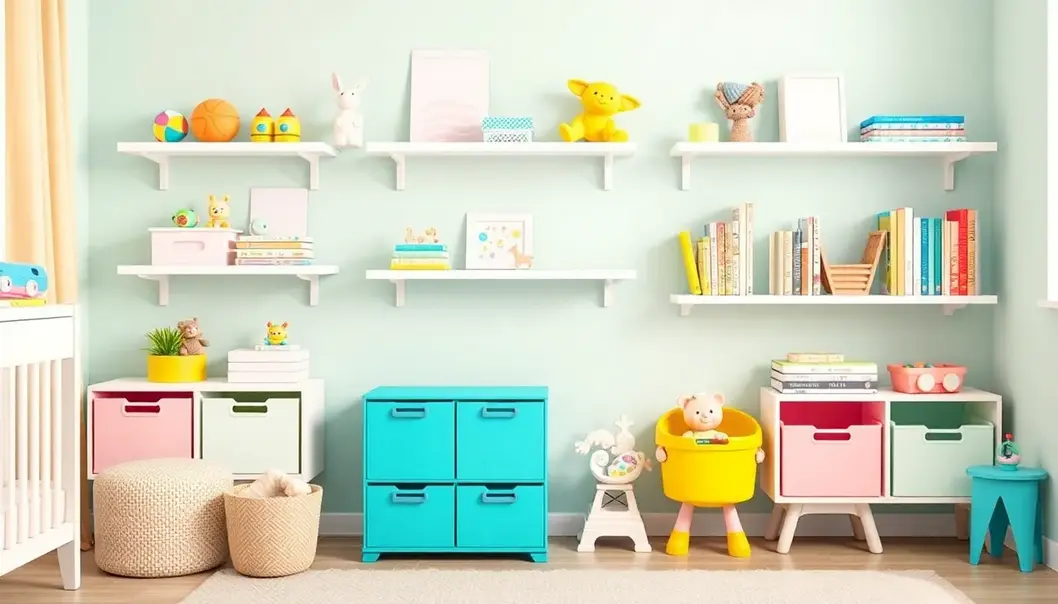 A neat and stylish nursery with pastel bins and wall shelves for organized toy storage.