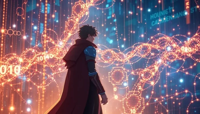 An anime-style character at the meeting point of digital binary and quantum computing elements.