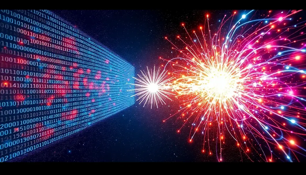 A stunning illustration of the clash between traditional computing and quantum computing, akin to an anime battle.