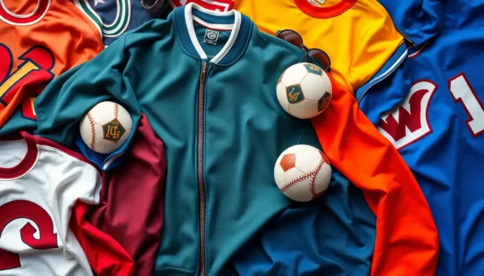 Dynamic display of sportswear and memorabilia emphasizing textile care.
