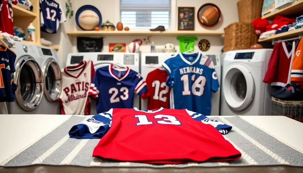 Different fabric types with care labels in a sports setting.